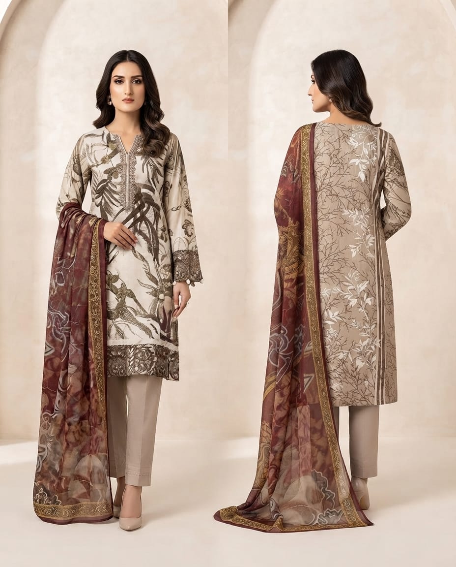 Elegant Embroidered Lawn Suit with Printed Chiffon Dupatta