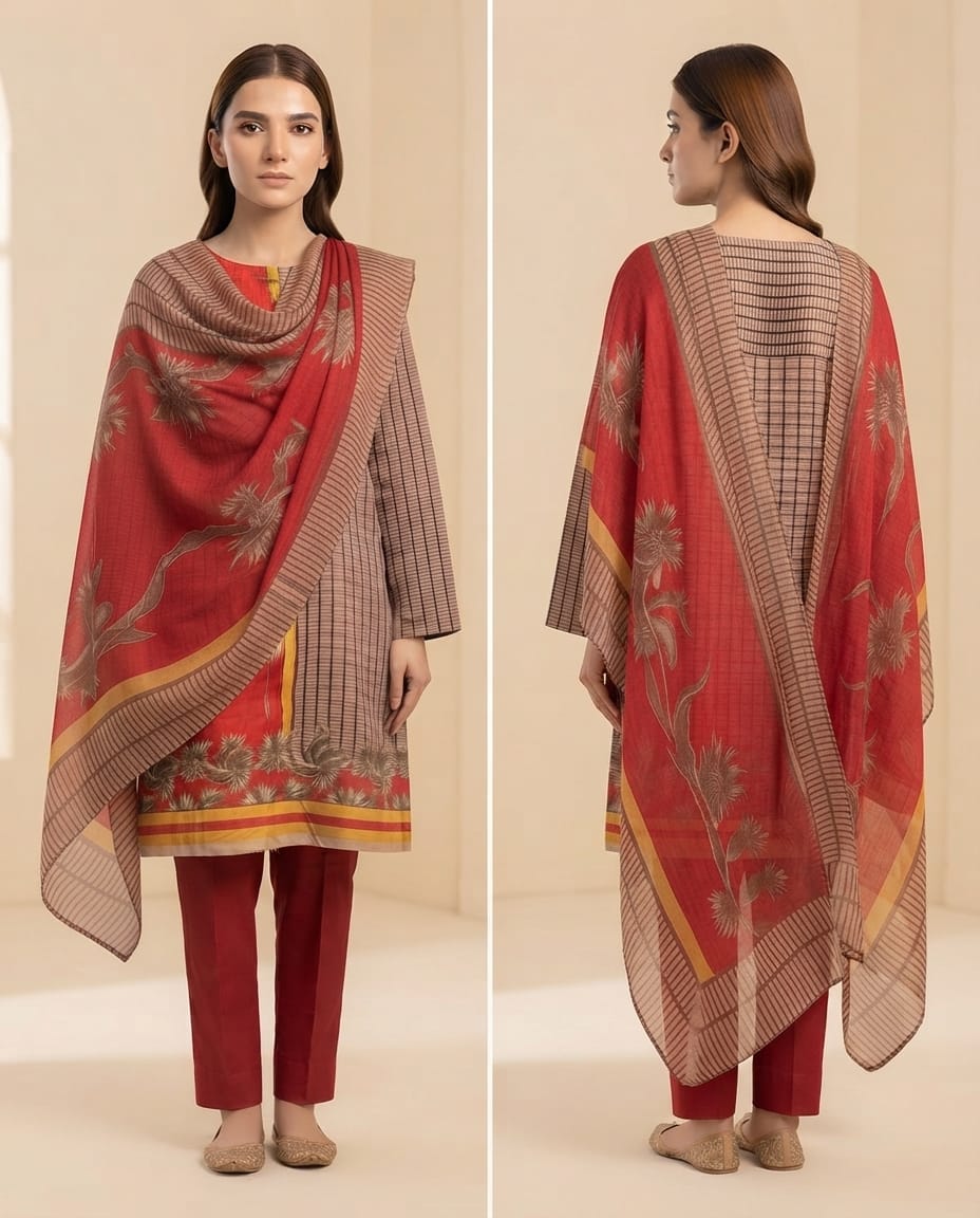 Elegant Embroidered Lawn Suit with Printed Chiffon Dupatta