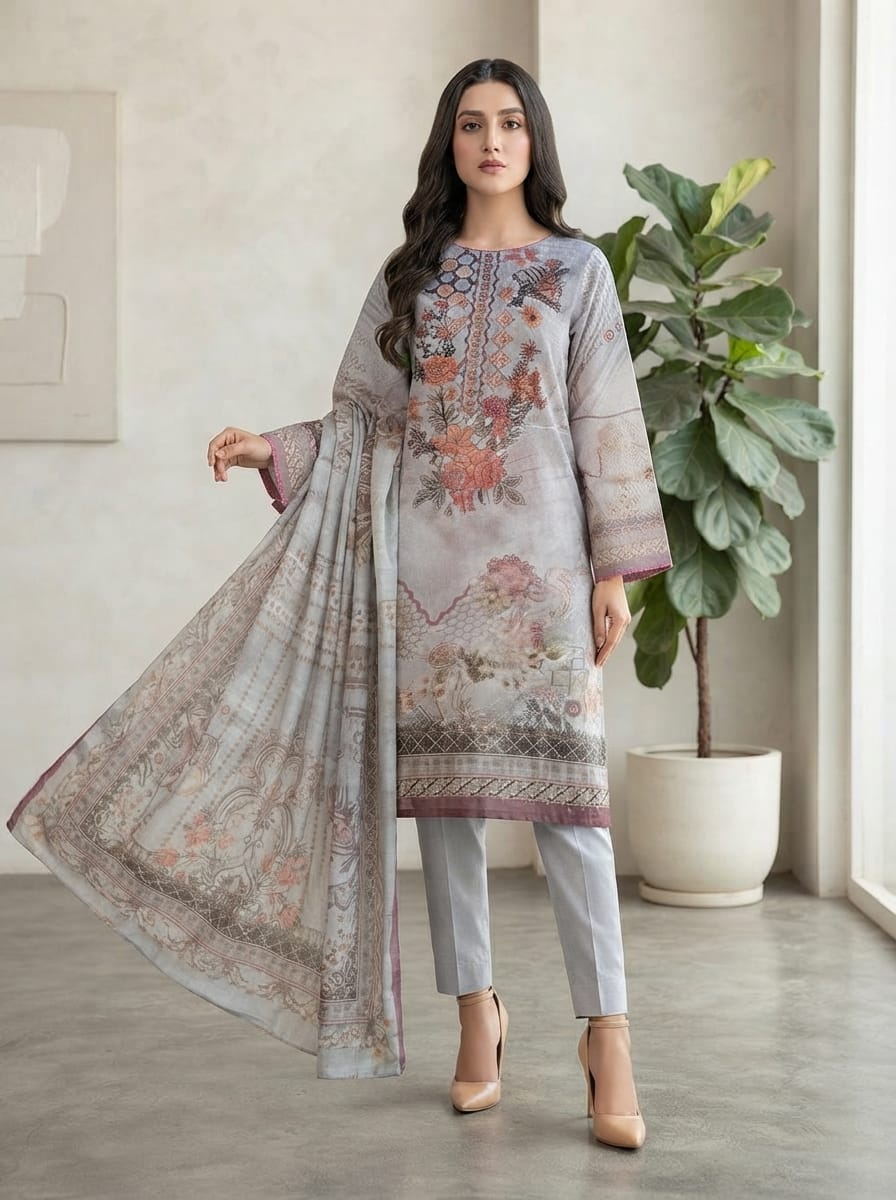 Digital 90/70 Lawn Suit with Embroidered Neckline