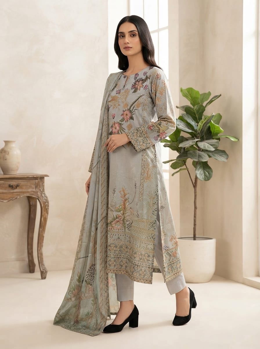Digital 90/70 Lawn Suit with Embroidered Neckline