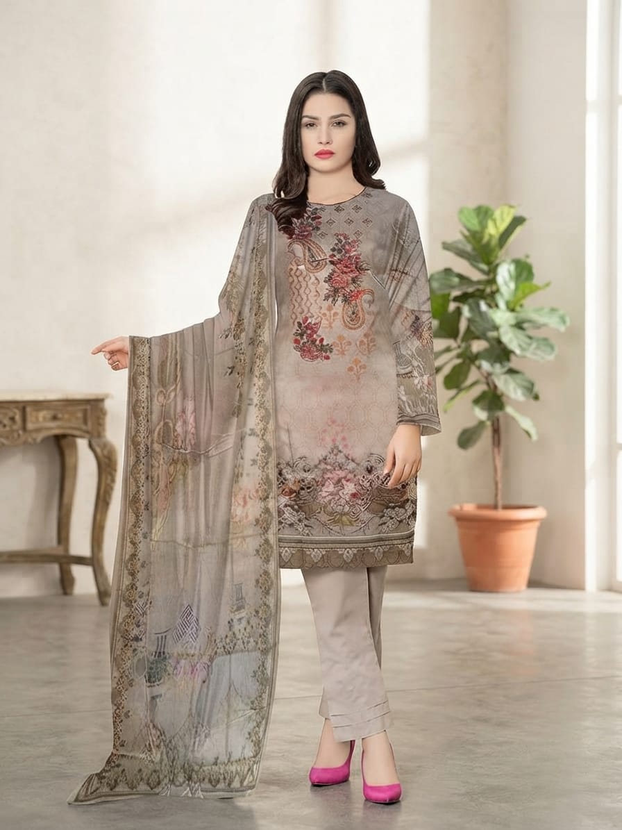 Digital 90/70 Lawn Suit with Embroidered Neckline