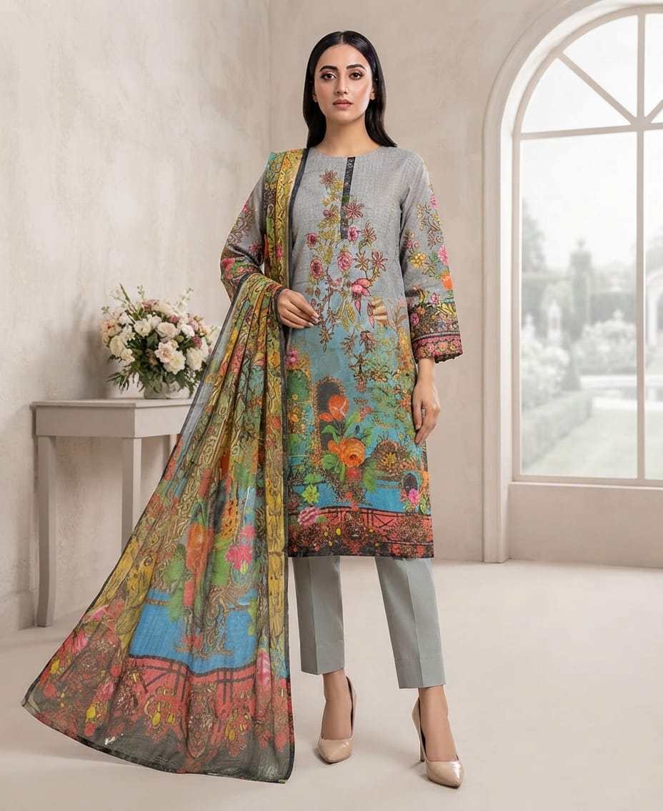 Elegant Digital Lawn Suit with Neck Embroidery and Fancy Lace Dupatta