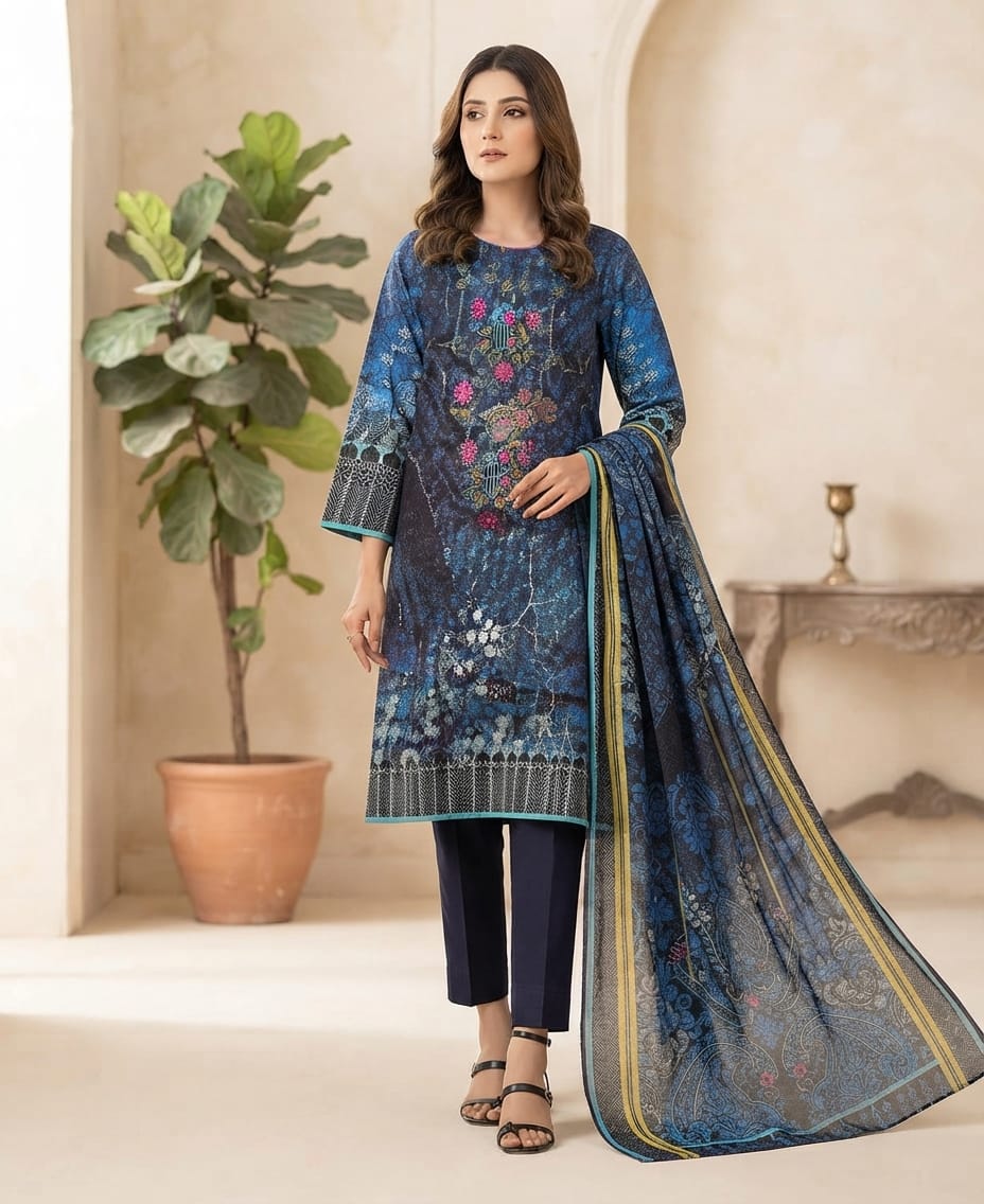 Digital Lawn Suit with Embroidered Neck & Gold Sequin Dupatta