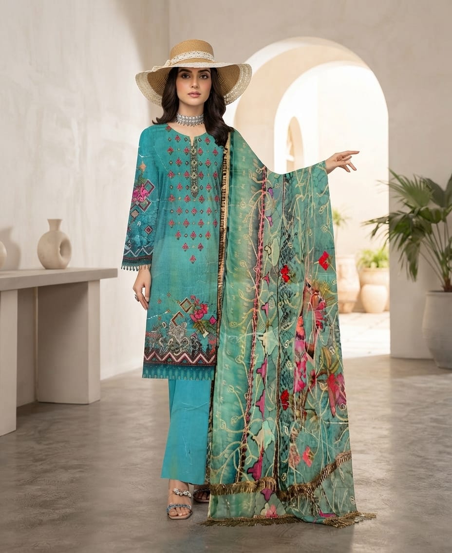 Digital Lawn Suit with Multi-Thread Embroidered Front & Bember Dupatta