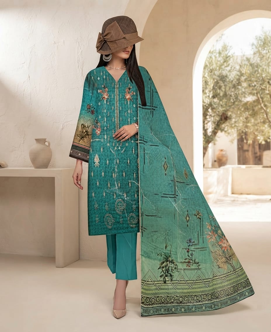 Digital Lawn Suit with Multi-Thread Embroidered Daman