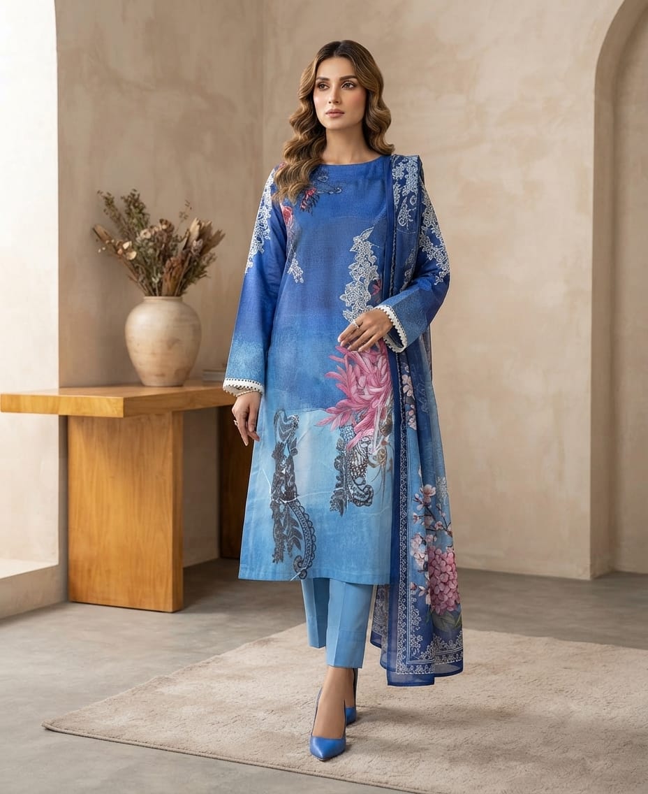 Elegant Embroidered Lawn Suit with Printed Chiffon Dupatta