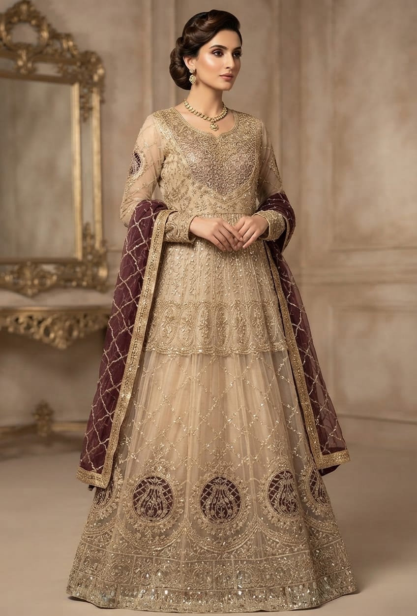 Elegant Gold & Maroon Embroidered Net Maxi