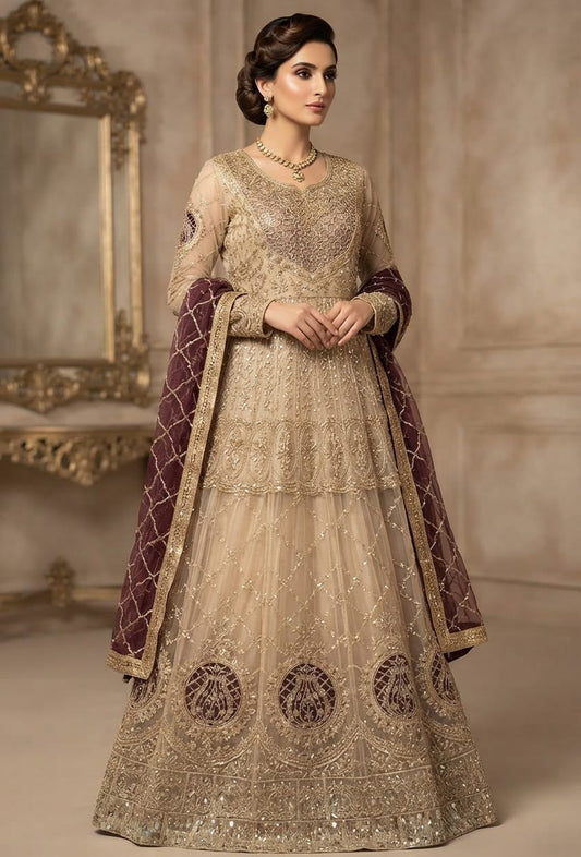 Elegant Gold & Maroon Embroidered Net Maxi
