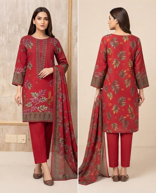 Elegant Embroidered Lawn Suit with Printed Chiffon Dupatta