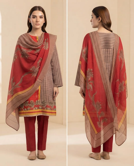 Elegant Embroidered Lawn Suit with Printed Chiffon Dupatta