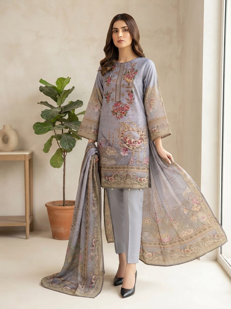 Digital 90/70 Lawn Suit with Embroidered Neckline