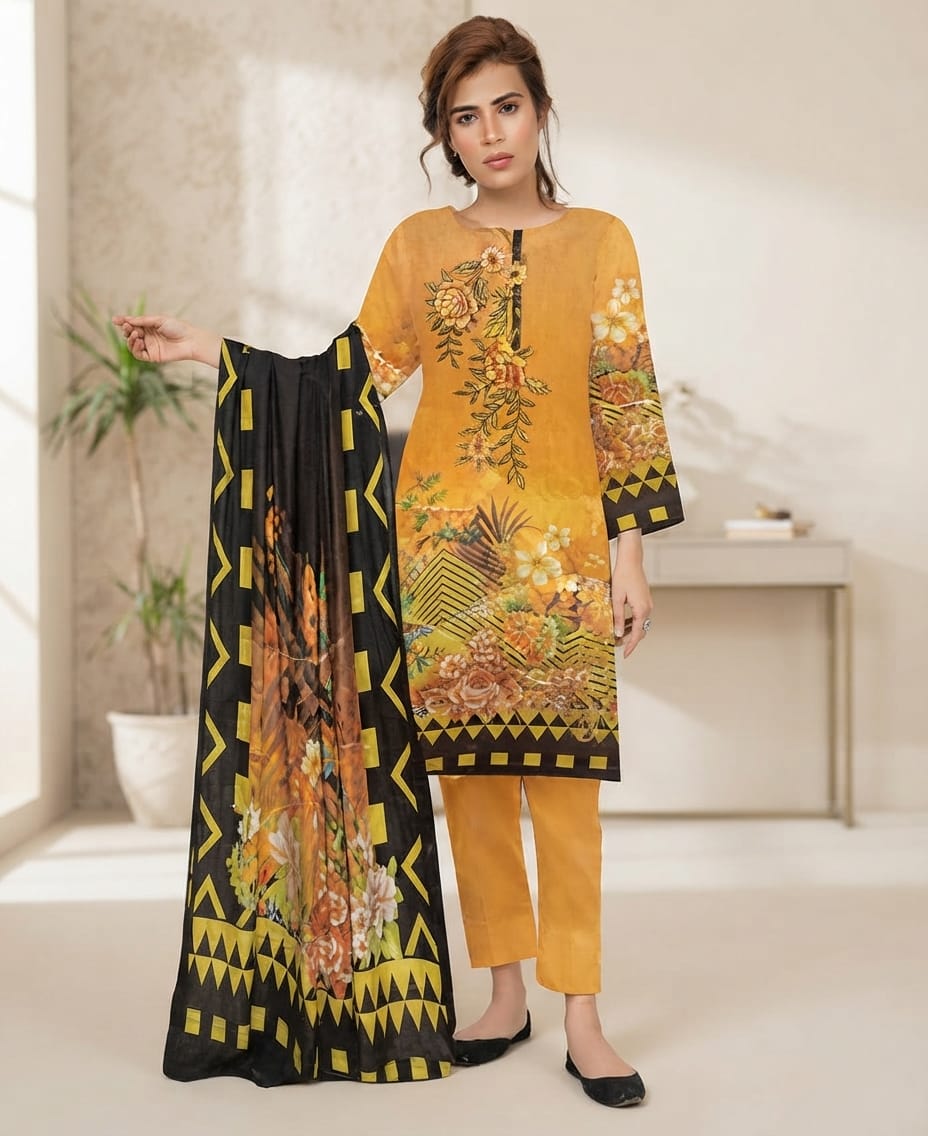 Elegant Digital Lawn Suit with Neck Embroidery and Fancy Lace Dupatta