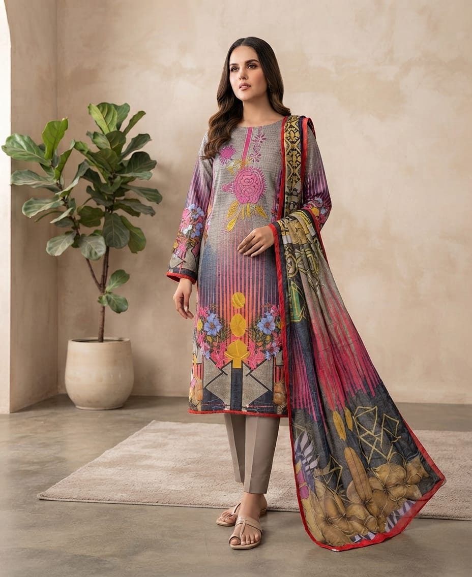 Elegant Digital Lawn Suit with Neck Embroidery and Fancy Lace Dupatta