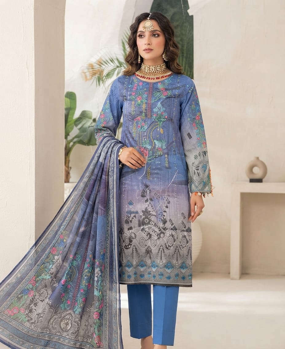 Digital Lawn Suit with Embroidered Neck & Gold Sequin Dupatta