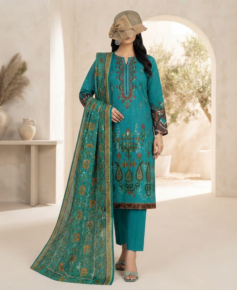 Digital Lawn Suit with Multi-Thread Embroidered Daman