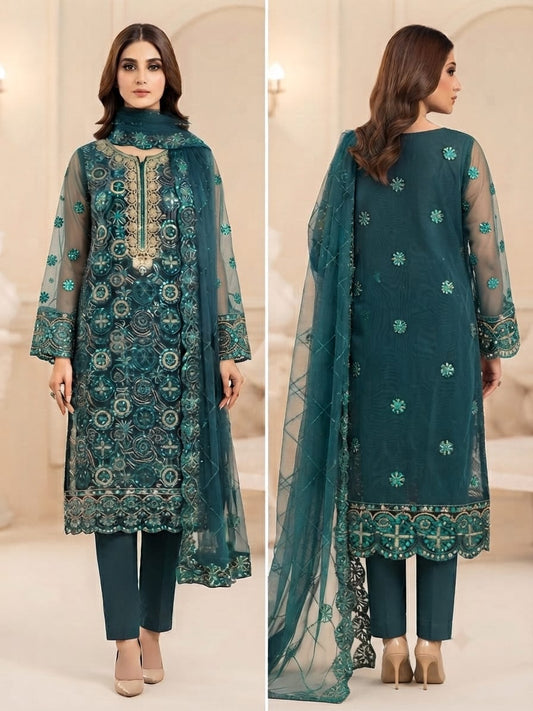 Embroidered Net Three-Piece Suit